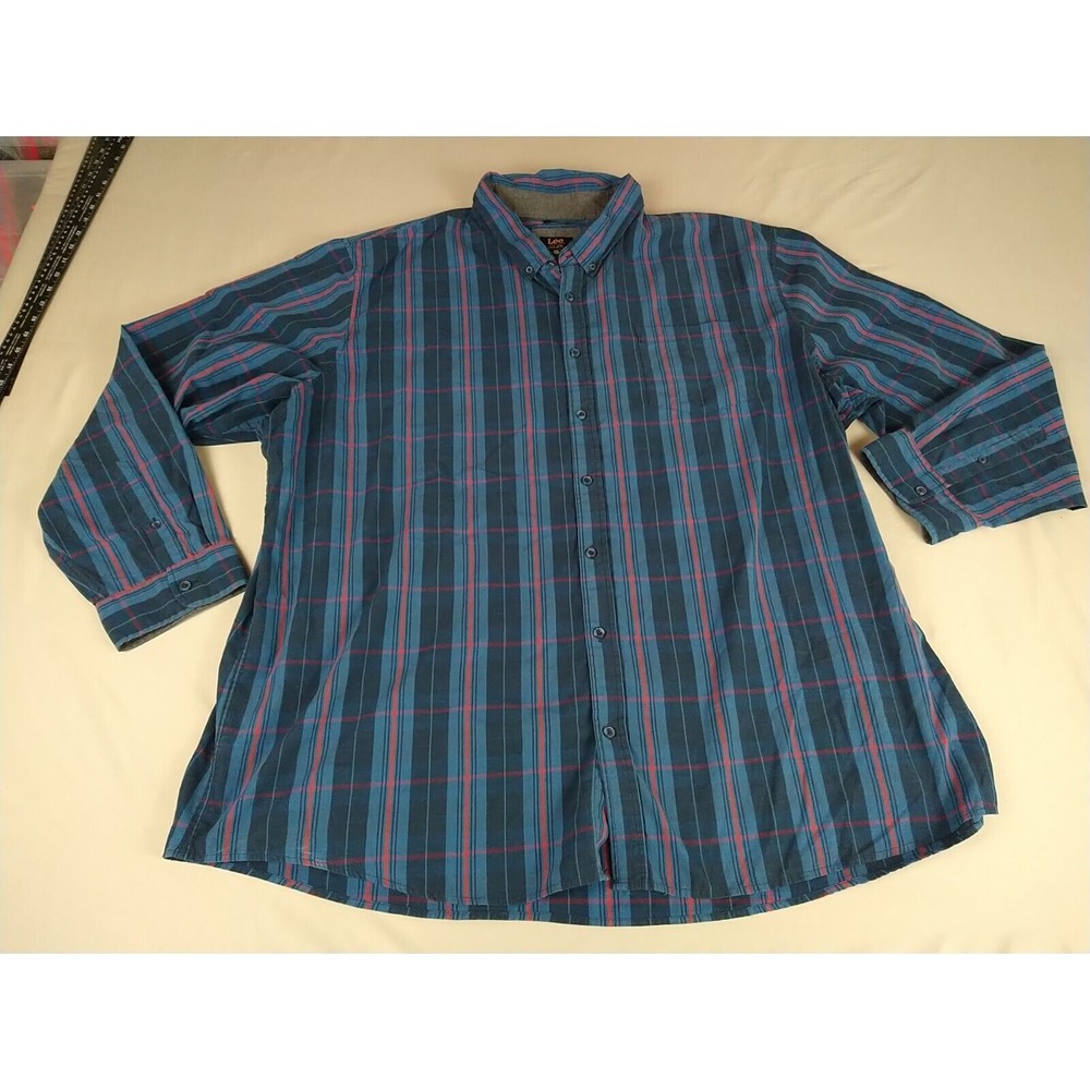 Lee Regular Fit Button Up Mens Shirt 3XL Blue Plaid Regular Fit Stretch Long Sl